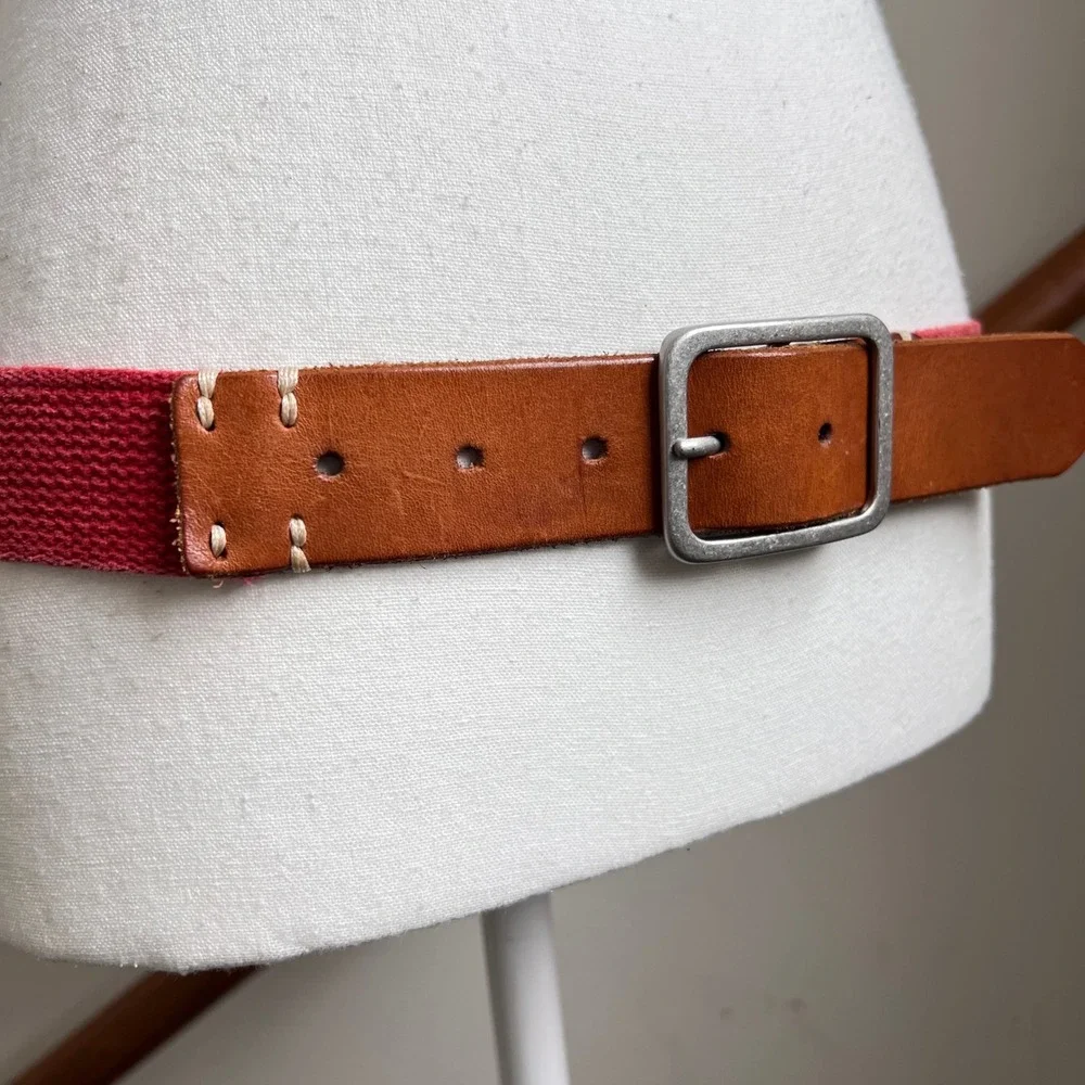 Vintage Red Canvas Brown‎ Leather Belt Silver Buckle Preppy Statement